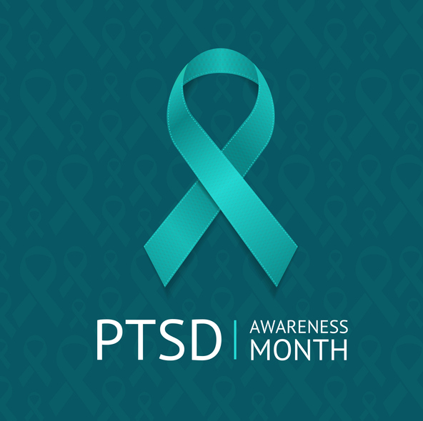 June is posttraumatic stress disorder (PTSD) awareness month with teal ribbon on teal background