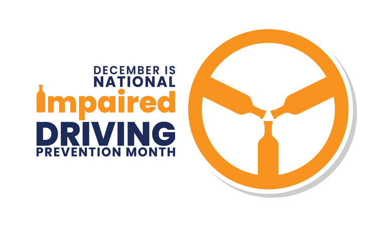 December is driving impaired prevention month image shows text in blue and orange with a steering wheel in the center above with liquor bottles forming the inner parts of the steering wheel