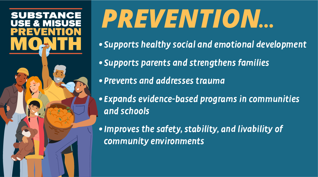 Substance use & misuse prevention month prevention image with supporting texts and image of a group of multicultural and varying ages